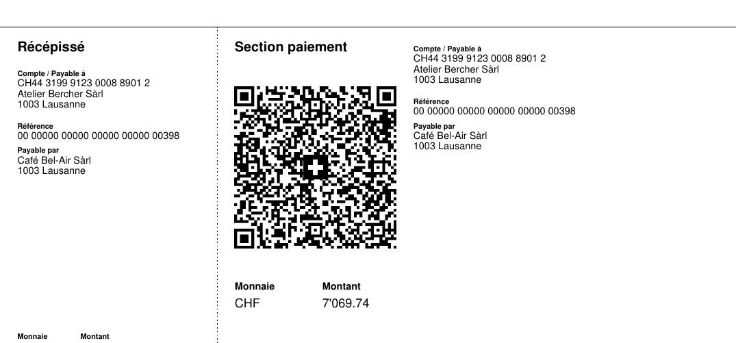 La QR-factura suiza al pie de la factura: recibo, sección de pago, código QR con la cruz suiza, referencia, pagadero por, moneda e importe.